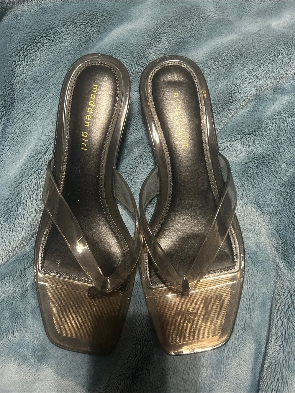 Madden Girl Black Sandal with Clear Cross Straps